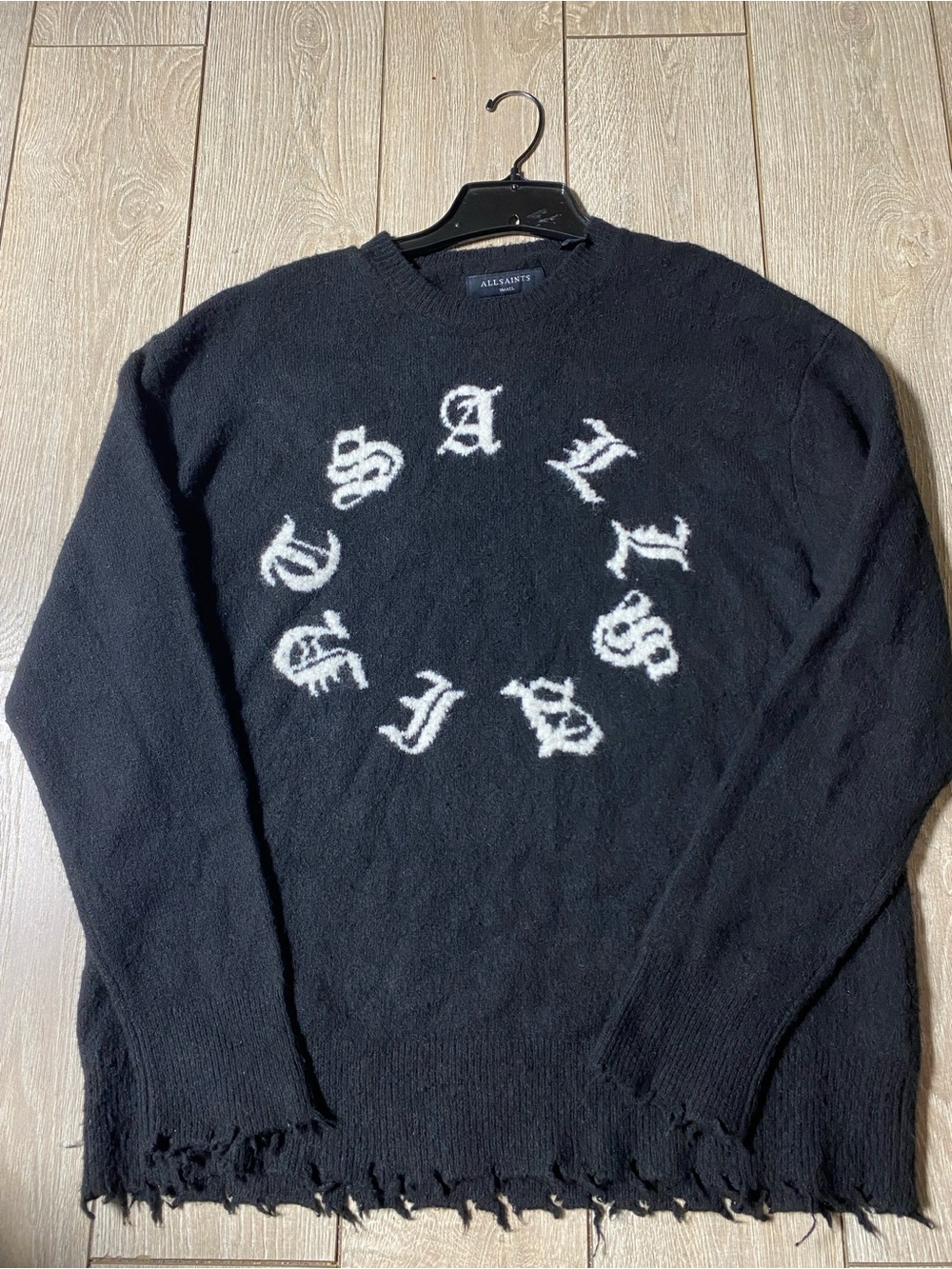 All Saints Mens SCRIPTURE Wool Jumper SMALL Logo Black Oversized Crew Gothic